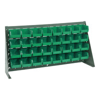 Quantum 36" x 8" x 19" Gray Steel Bench Rack with (32) 5 3/8" x 4 1/8" x 3" Green Bins QBR-3619-210-32GN