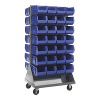 Quantum 36" x 25" x 72" Gray Steel Mobile Double-Sided Louvered Rack with (56) 14 3/4" x 8 1/4" x 7" Blue Bins QMD-36H-240BL