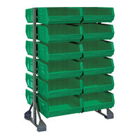 Quantum 36" x 20" x 53" Gray Steel Double-Sided Rail Rack with (24) 14 3/4" x 16 1/2" x 7" Green Bins and (12) Rails QRU-12D-250-24GN