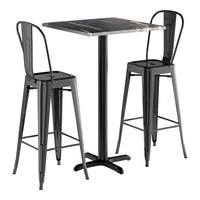 Lancaster Table & Seating Excalibur 27 1/2" x 27 1/2" Square Smooth Letizia Bar Height Table with 2 Alloy Series Onyx Black Outdoor Cafe Barstools