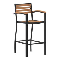 Flash Furniture Lark Natural Faux Teak Slat Stackable Barstool with Arms