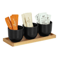 Cal-Mil Sydney 12 3/4" x 5" x 4 1/2" Oak Condiment Organizer with 3 Black Round Melamine Jars