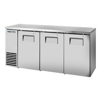 True TBB24-72-3S-Z1-SFT-S-1 72 1/8" Stainless Steel Solid Door Back Bar Refrigerator with Stainless Finished Top and LED Lighting