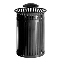 Lancaster Table & Seating 45 Gallon Heavy-Duty Round Black Steel Slatted Outdoor Trash Can with Rain Bonnet Lid