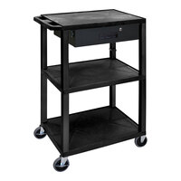 Luxor Tuffy 24" x 18" x 42 1/2" Black Plastic 3-Shelf Utility Cart with Heavy-Duty Casters and Black Locking Drawer UCPL1-B-WTD