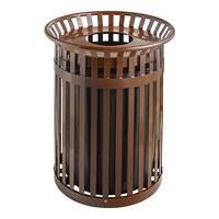 Lancaster Table & Seating 36 Gallon Heavy-Duty Round Brown Steel Slatted Outdoor Trash Can with Flat Lid