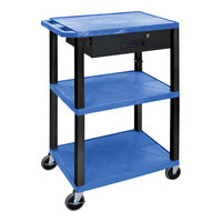 Luxor Tuffy 24" x 18" x 42 1/2" Blue / Black Plastic 3-Shelf Utility Cart with Heavy-Duty Casters and Black Locking Drawer UCPL1BU-B-WTD