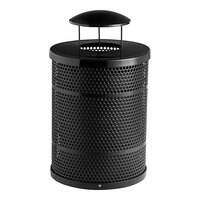 Lancaster Table & Seating 32 Gallon Heavy-Duty Round Black Steel Perforated Outdoor Trash Can with Rain Bonnet Lid