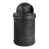 Lancaster Table & Seating 32 Gallon Heavy-Duty Round Black Steel Perforated Outdoor Trash Can with Plastic Dome Lid