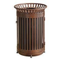 Lancaster Table & Seating 45 Gallon Heavy-Duty Round Brown Steel Slatted Outdoor Trash Can with Flat Lid and Door