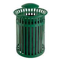 Lancaster Table & Seating 36 Gallon Heavy-Duty Round Green Steel Slatted Outdoor Trash Can with Rain Bonnet Lid