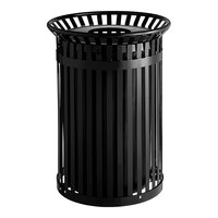 Lancaster Table & Seating 36 Gallon Heavy-Duty Round Black Steel Slatted Outdoor Trash Can with Flat Lid