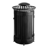 Lancaster Table & Seating 45 Gallon Heavy-Duty Round Black Steel Slatted Outdoor Trash Can with Rain Bonnet Lid and Door