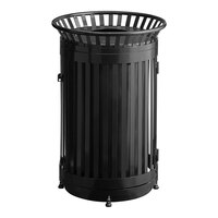 Lancaster Table & Seating 45 Gallon Heavy-Duty Round Black Steel Slatted Outdoor Trash Can with Flat Lid and Door