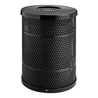 Lancaster Table & Seating 32 Gallon Heavy-Duty Round Black Steel Perforated Outdoor Trash Can with Flat Lid