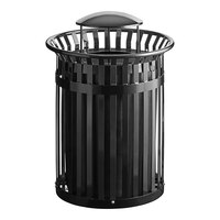 Lancaster Table & Seating 36 Gallon Heavy-Duty Round Black Steel Slatted Outdoor Trash Can with Rain Bonnet Lid