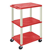 Luxor Tuffy 24" x 18" x 42 1/2" Red / Putty Plastic 3-Shelf Utility Cart with Heavy-Duty Casters UCPL1R