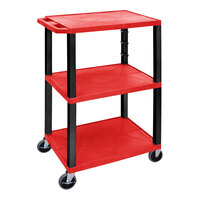 Luxor Tuffy 24" x 18" x 42 1/2" Red / Black Plastic 3-Shelf Utility Cart with Heavy-Duty Casters UCPL1R-B