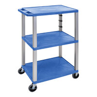 Luxor Tuffy 24" x 18" x 42 1/2" Blue / Nickel Plastic 3-Shelf Utility Cart with Heavy-Duty Casters UCPL1BU-N