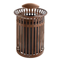 Lancaster Table & Seating 36 Gallon Heavy-Duty Round Brown Steel Slatted Outdoor Trash Can with Rain Bonnet Lid