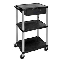 Luxor Tuffy 24" x 18" x 42 1/2" Black / Putty Plastic 3-Shelf Utility Cart with Heavy-Duty Casters and Black Locking Drawer UCPL1-WTD