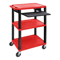 Luxor Tuffy 24" x 18" x 42 1/2" Red / Black Plastic 3-Shelf Utility Cart with Heavy-Duty Casters and Pullout Keyboard Shelf UCPL1PSR-B