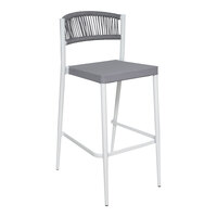 BFM Tahiti White Aluminum Outdoor Stacking Barstool with Gray Phifertex Sling Seat and Backrest