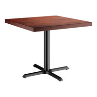 Lancaster Table & Seating 36" Square Standard Height Wood Butcher Block Table with Mahogany Finish and Cast Iron Cross Base Plate