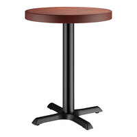 Lancaster Table & Seating 24" Round Standard Height Wood Butcher Block Table with Mahogany Finish and Cast Iron Cross Base Plate