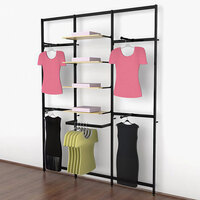 UDIZINE Vertik 76" x 92" Black Wall-Mount 3-Section Retail Clothing Display with 4 Faceouts and 1 Hanging Rail for (4) 14" - 16" Shelves WBVRKDB4F-8SH-1H