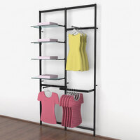 UDIZINE Vertik 51" x 92" Black Wall-Mount 2-Section Retail Clothing Display with 2 Faceouts and 1 Hanging Rail for (4) 10" - 12" Shelves WBVRKDB2F-4SH-1H-10