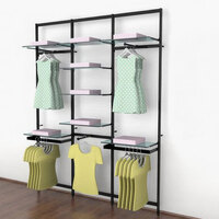 UDIZINE Vertik 76" x 92" Black Wall-Mount 3-Section Retail Clothing Display with 3 Faceouts and 2 Hanging Rails for (8) 14" - 16" Shelves WBVRKDB3F-8SH-2H