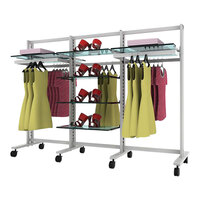 UDIZINE Vertik 78" x 56" White Mobile 3-Section 2-Way Retail Clothing Display Stand with 5 Hanging Rails for (8) 10" - 12" Shelves WBVRKWH3-8SH-5H-10