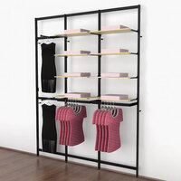 UDIZINE Vertik 76" x 92" Black Wall-Mount 3-Section Retail Clothing Display with 2 Faceouts and 2 Hanging Rails for (8) 14" - 16" Shelves WBVRKDB2F-8SH-2H