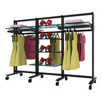 UDIZINE Vertik 78" x 56" Black Mobile 3-Section 2-Way Retail Clothing Display Stand with 5 Hanging Rails for (8) 10" - 12" Shelves WBVRKDB3-8SH-5H-10