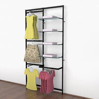 UDIZINE Vertik 51" x 92" Black Wall-Mount 2-Section Retail Clothing Display with 3 Faceouts and 1 Hanging Rail for (4) 10" - 12" Shelves WBVRKDB3F-4SH-1H-10