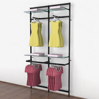 UDIZINE Vertik 51" x 92" Black Wall-Mount 2-Section Retail Clothing Display with 2 Faceouts and 2 Hanging Rails for (4) 10" - 12" Shelves WBVRKDB2F-4SH-2H-10