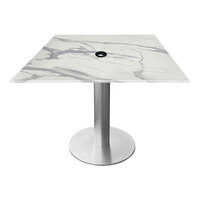 Holland Bar Stool EuroSlim 32" x 32" Square White Marble Indoor / Outdoor Table with Umbrella Hole and Brushed Aluminum Base