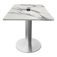 Holland Bar Stool EnduroTop 36" x 36" Square White Marble Indoor / Outdoor Standard Height Table with Umbrella Hole and Brushed Aluminum Base