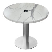 Holland Bar Stool EnduroTop 36" Round White Marble Indoor / Outdoor Standard Height Table with Umbrella Hole and Brushed Aluminum Base