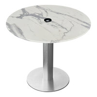 Holland Bar Stool EuroSlim 32" Round White Marble Indoor / Outdoor Table with Umbrella Hole and Brushed Aluminum Base