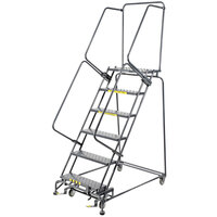 Ballymore M-2000 Series 7-Step Gray Steel Rolling Safety Ladder with Expanded Metal Tread, 16" Wide Steps, and 14" Deep Top Step 072414X - 450 lb. Capacity