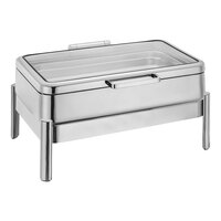 Eastern Tabletop 5-Star Series Jazz Smooth 8 Qt. Full Size Rectangular Stainless Steel Induction / Traditional Chafer with Hinged Glass Lid 3875GS