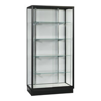 60" x 20" x 72" Glass 4-Shelf Display Showcase with Black Aluminum Frame, White Wood Back, and Sliding Doors