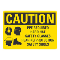 Lavex 14" x 10" Non-Reflective Adhesive Vinyl "Caution / PPE Required / Hard Hat / Safety Glasses / Hearing Protection / Safety Shoes" Safety Label
