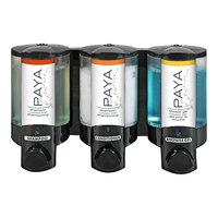 Dispenser Amenities 36380-PAYA Aviva 30 oz. Black 3-Chamber Wall Mounted Locking Soap Dispenser with Translucent Bottles and Paya Logo