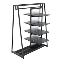 Econoco Aspect 48" x 62" Glossy Black Double-Sided A-Frame Outrigger Kit with 8 Adjustable Shelves, Hangrail, and Frosted Panel