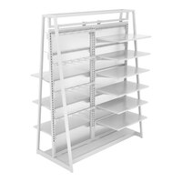 Econoco Aspect 48" x 62" Glossy White Double-Sided A-Frame Outrigger Kit with 12 Adjustable Shelves, 50 Hooks, and 2 Frosted Panels