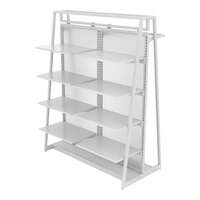 Econoco Aspect 48" x 62" Glossy White Double-Sided A-Frame Outrigger Kit with 8 Adjustable Shelves, Hangrail, and 2 Frosted Panels