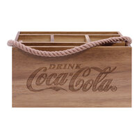 Tablecraft 8 1/4" x 5 1/2" x 4 3/8" Coca-Cola® Acacia Wood Flatware / Condiment Caddy with Rope Handle CC330